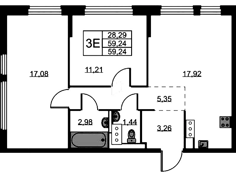 2-комнатная квартира 59.24 м², 6/11 эт., ЖК «Новое Колпино»